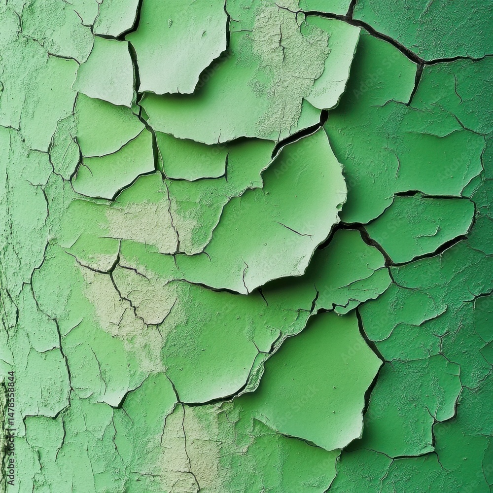 Poster close-up of green paint peeling and cracking on metal surface in abstract style with macro lens