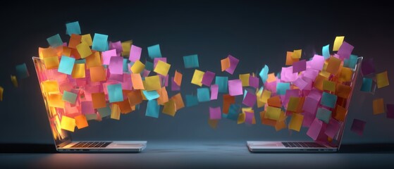 Two laptops exchanging colorful sticky notes in a digital communication concept studio shot with a dark background and soft lighting