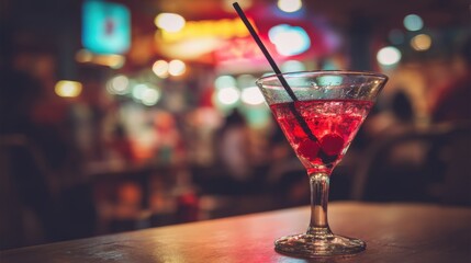 Red cocktail drink in martini glass with cherry garnish and black straw on wooden bar top in pub setting