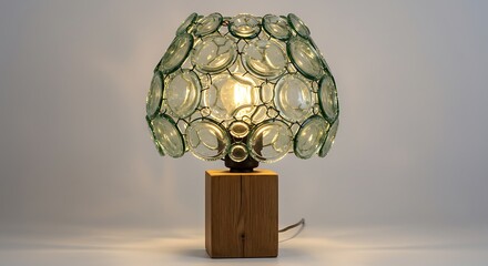 Unique table lamp with circular glass shades and wooden base