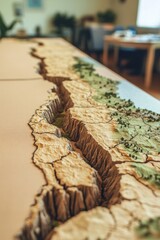 Close-up of a 3D Topographical Map Model Showing a Deep Canyon and Green Landscape on a Table in a Bright Room