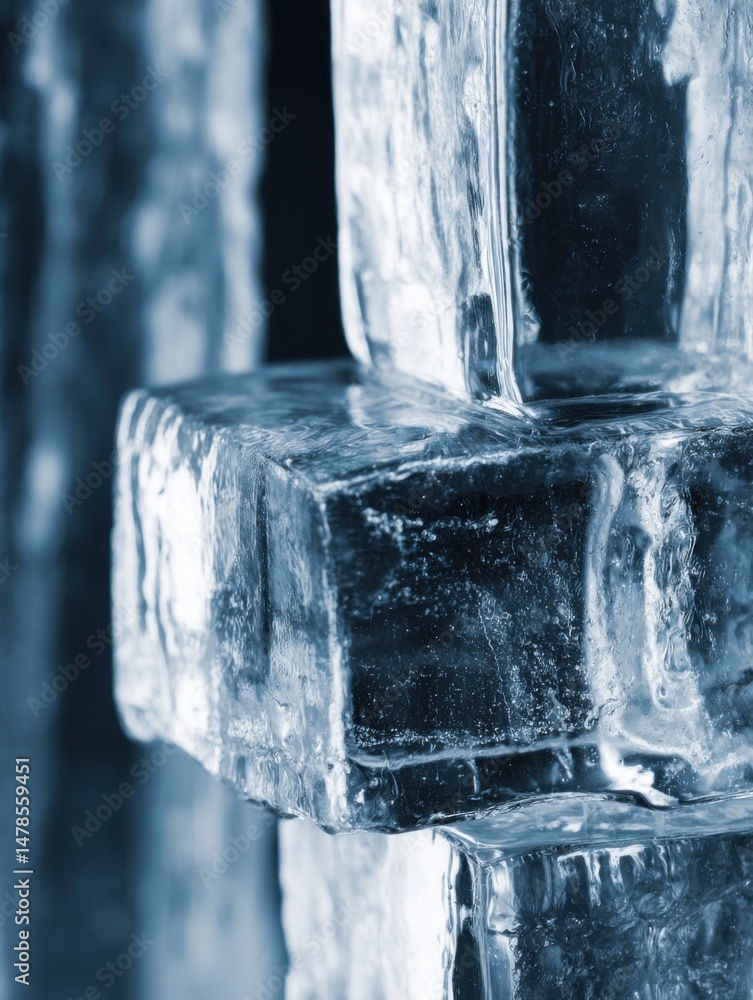 Poster close up macro of stacked ice cubes showing frozen water texture and detail in studio shot for bever