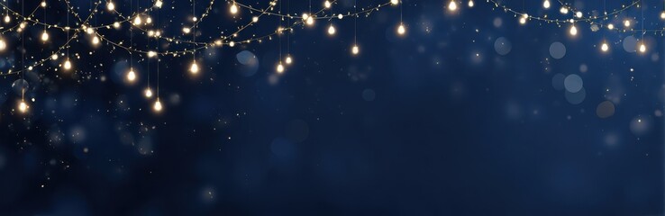 Soft, dark blue background with glowing string lights.