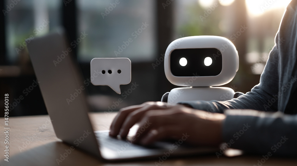 Poster ai chatbot assistant typing on laptop computer for customer service and automation technology soluti