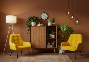 Interior design with yellow armchairs, cabinet and plants against brown wall