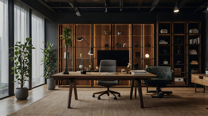 Luxurious and modern office interior with wooden furniture and stylish decor
