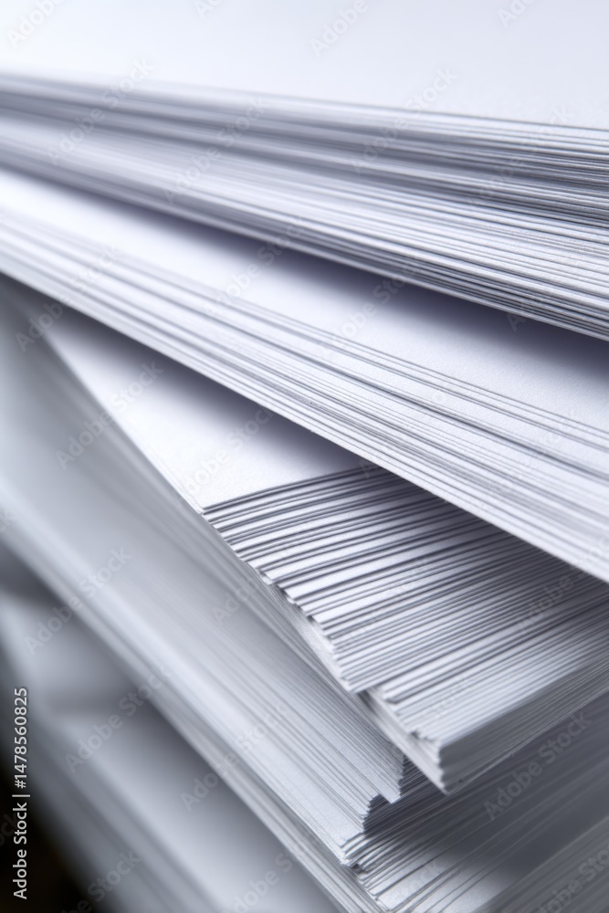 Poster stack of white printer paper close up abstract view from above for business and office use in studio