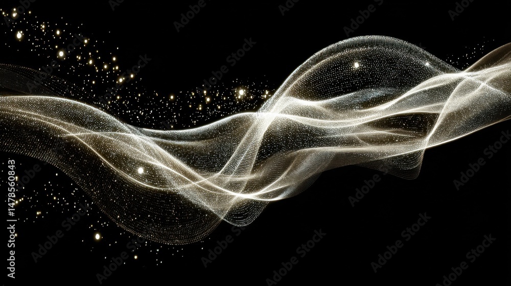 Poster abstract golden wave flowing with glittering particle stream on black background, elegant design ele