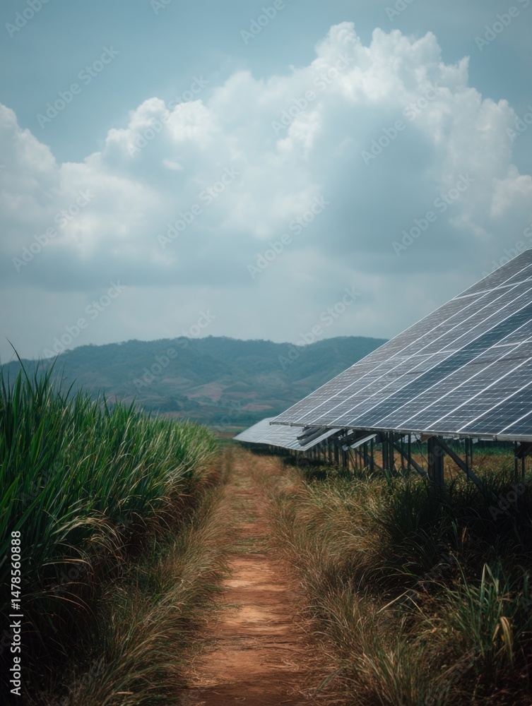 Poster solar panel array along rural path low angle view generating clean energy in open field with mountai
