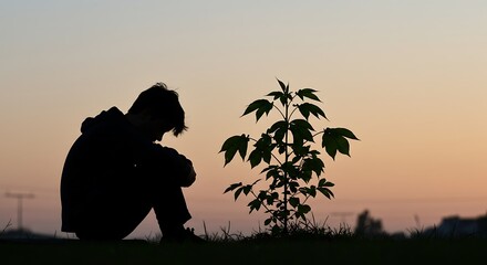 Silhouette of person seated with a young plant against twilight.
