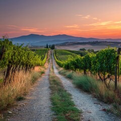 Fototapeta premium Vineyard Path at Sunset in Tuscany Italy Scenic View of Rolling Hills and Grapevines with Colorful Sky and Distant Mountains