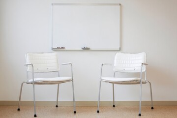 Two White Chairs Facing a Whiteboard in an Office Setting Front View Ready for a Meeting or Presentation Space for Ideas
