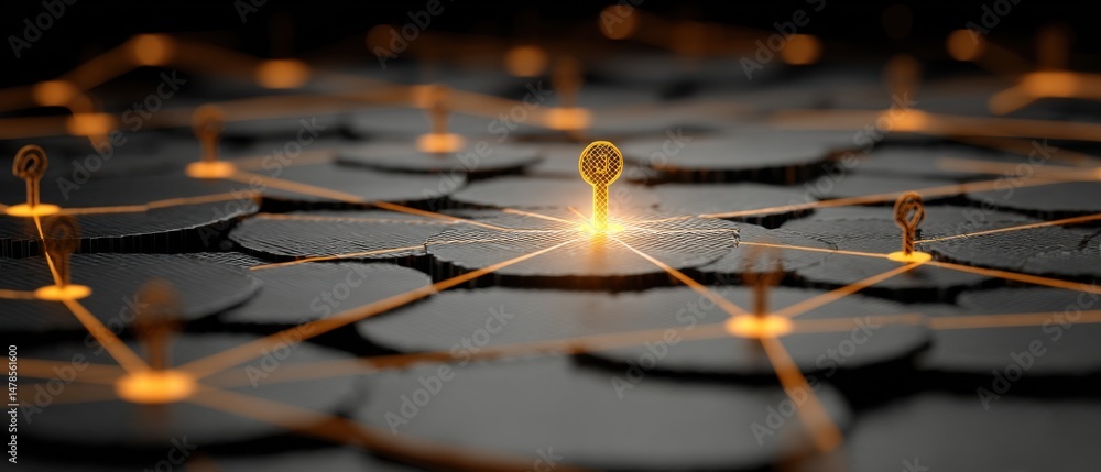 Poster abstract network of connected nodes with glowing connections and key icon in dark environment