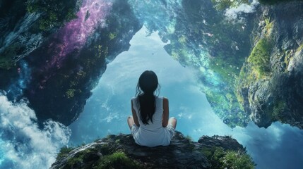 Fototapeta premium Woman meditating atop a surreal rock formation
