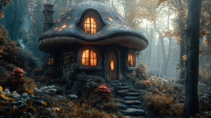 Fototapeta premium Enchanted Mushroom House in a Misty Forest