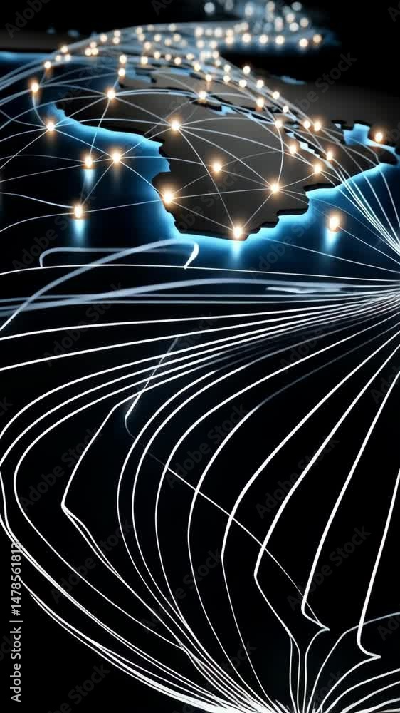 Poster abstract glowing network lines connecting nodes over a black map, digital communication