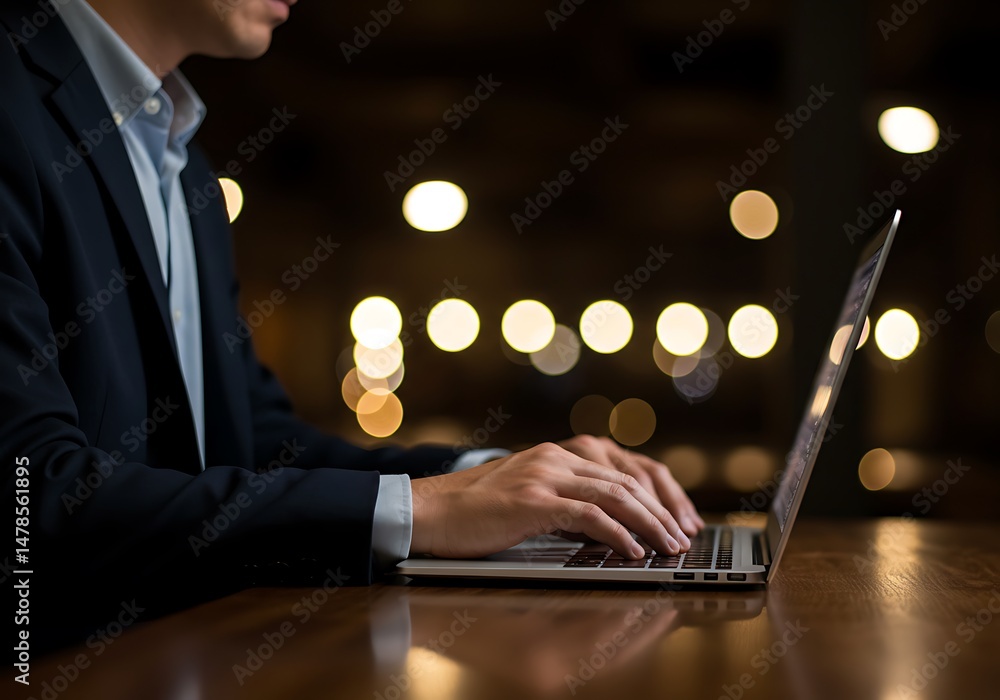 Aufkleber man in suit typing on laptop computer at night with bokeh background lights