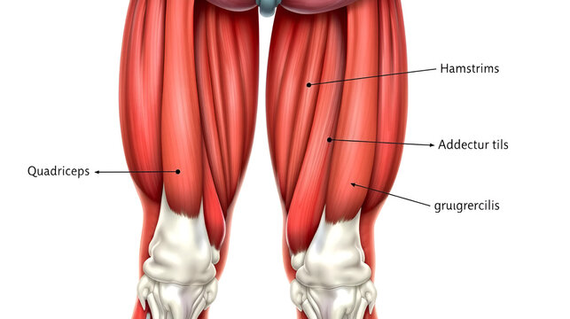 Detailed illustration of the human thigh muscles, showcasing the quadriceps, hamstrings, adductor magnus, and gracilis, with precise labeling and vibrant color differentiation.