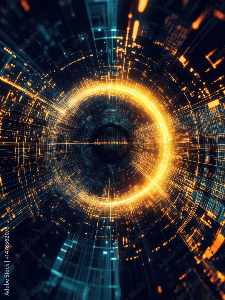 Poster abstract data stream in digital space with glowing ring futuristic technology concept visualization 