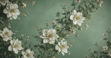 Muted green floral grunge background  Subtle texture, faded blooms , aesthetic, green