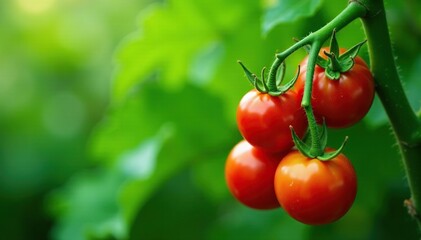 Lush green tomato plant with ripe red tomatoes and vibrant foliage , sunlight, soil