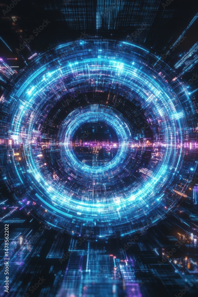 Poster abstract technology background with glowing circular data stream and digital grid network perspectiv
