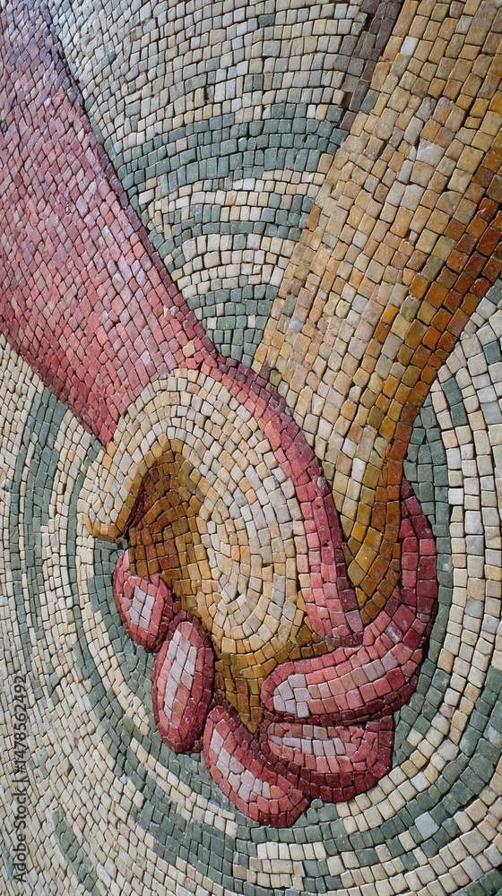 Aufkleber close up of hands holding in ancient mosaic art symbolizing unity and connection in europe