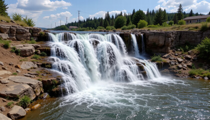 Fototapeta premium Stunning waterfall cascades over rocky ledges, creating serene and picturesque scene. vibrant greenery and clear blue sky enhance natural beauty, inviting tranquility and peace