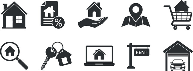 Real Estate Solid Icons. property, mortgage, rental, location, keys, home, house.
solid icon vector illustration. silhouette icon