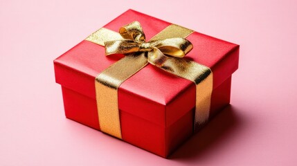 Obraz premium A red gift box with a gold ribbon on a pink background without shadow. The concept of holiday photography.