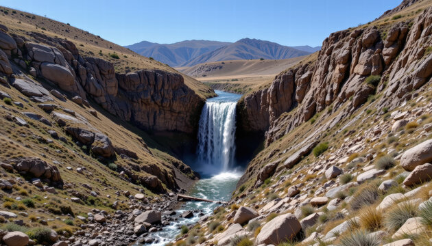 Stunning waterfall cascades between two rocky cliffs, surrounded by lush greenery and rugged terrain. serene landscape showcases beauty of nature, with mountains background and clear blue sky