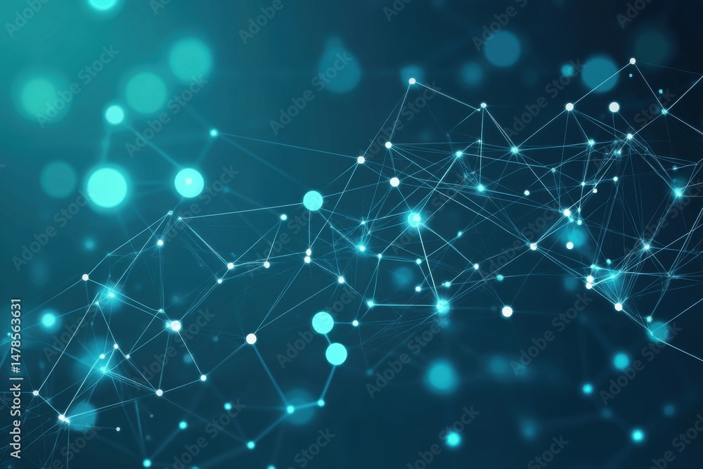 Poster abstract technology network connecting points and lines in a digital space with blue light and bokeh