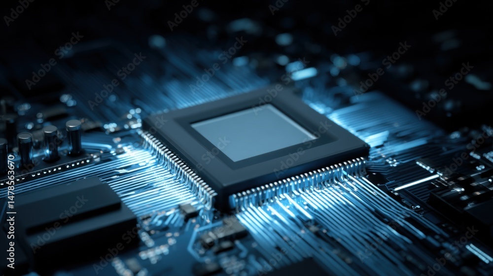 Poster macro shot of a central processing unit on a circuit board with blue lighting technology and innovat