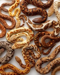Fototapeta premium Overhead shot of diverse corn snake morphs coiled on a white background showcasing their unique patterns and colors in a studio setting