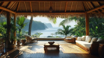 Fototapeta premium Serene Tropical Getaway: Bamboo Pavilion with Ocean View