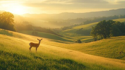 Naklejka premium Golden Hour in the Rolling Hills: A Deer's Peaceful Sunset