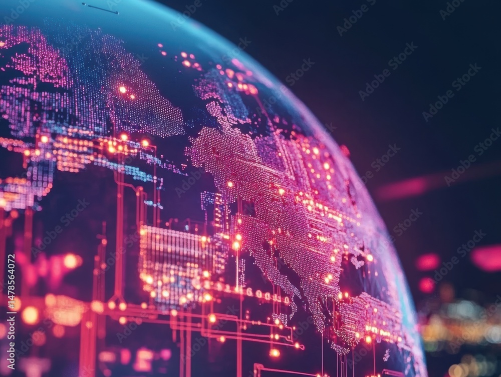 Aufkleber digital world map on globe surface representing global network connection and data transfer futurist