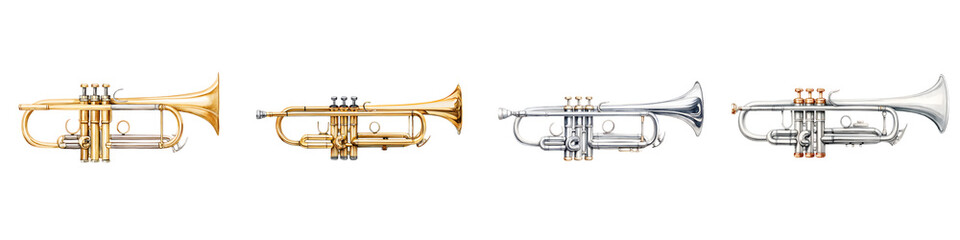 Naklejka premium Colorful collection of trumpets in various finishes, showcasing intricate detailing, ideal for music-themed designs, illustrations, or decorative purposes