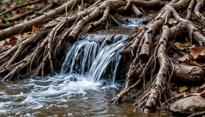 Fototapeta premium Serene stream flows gently over rocks, surrounded by intricate tree roots and fallen leaves, creating peaceful natural scene that evokes tranquility and connection to nature
