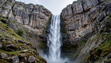 Stunning waterfall cascades down rocky cliff, surrounded by lush greenery and rugged terrain. scene captures beauty of nature, showcasing power and tranquility of flowing water