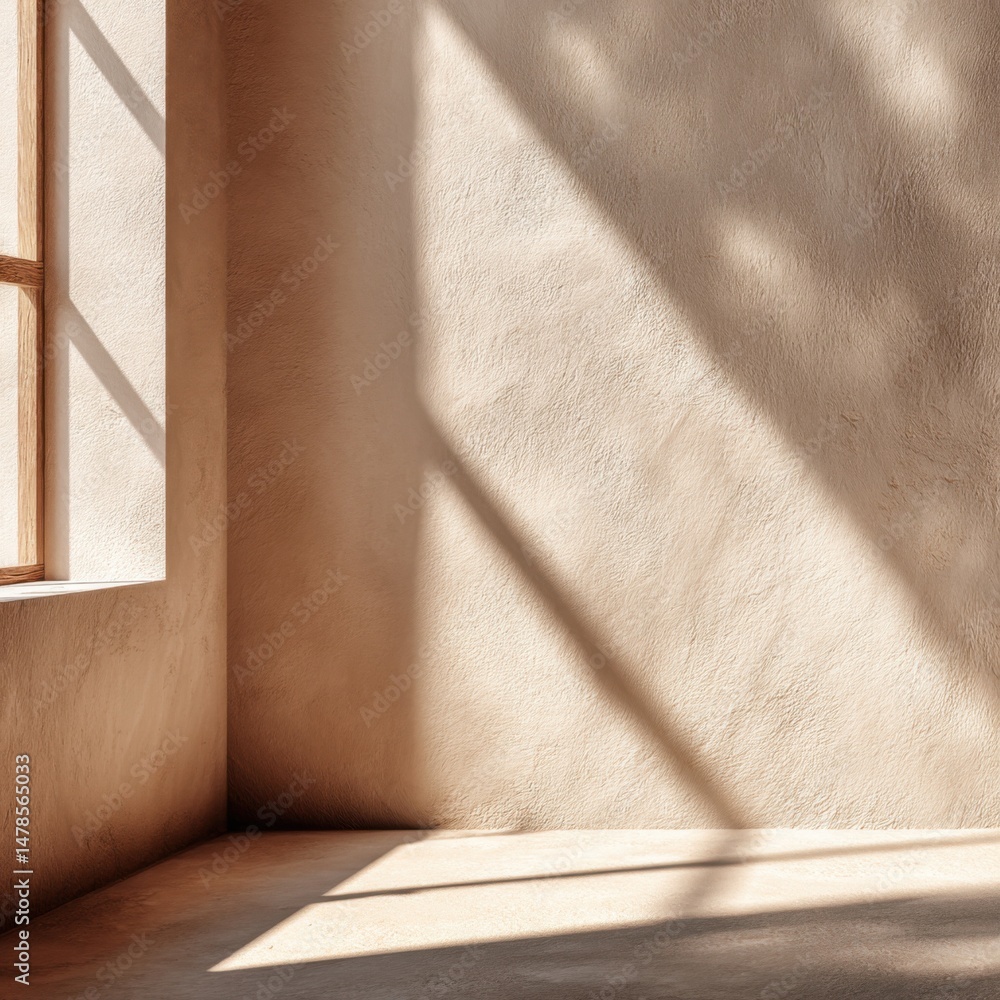 Poster interior corner with sunlight streaming through window casting shadows on textured wall creating a m