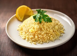 A fluffy couscous grains on a white plate garnished with parsley and lemon wedge