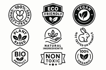 Vegan, cruelty-free, and eco friendly product certification labels and natural ingredient vector badges set