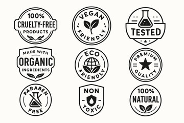 Obraz premium Vegan, cruelty-free, and eco friendly product certification labels and natural ingredient vector badges set