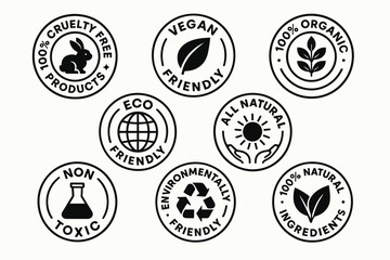 Vegan, cruelty-free, and eco friendly product certification labels and natural ingredient vector badges set