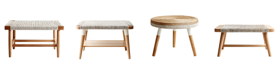 Stylish wooden coffee tables with woven surfaces in a modern, minimalist design, perfect for contemporary living spaces, offering elegant functionality and aesthetic appeal