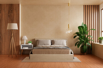 Minimalist bedroom design featuring a neutral-toned bed, wood paneling, indoor plants, and cozy lighting- 3D rendering