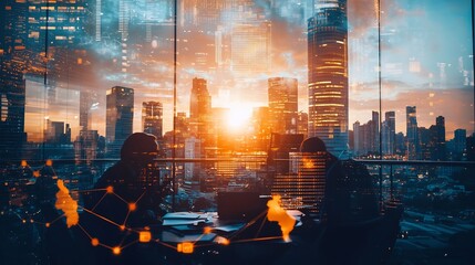 Stock photo concept: A multinational business meeting in a high rise office, double exposure with global connections and corporate expansion