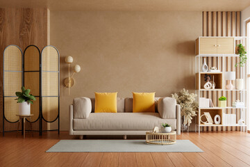 Contemporary living room interior featuring natural wood elements, rattan decoration, yellow pillows, and minimalist shelving- 3D rendering