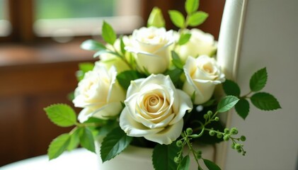 Elegant wedding floral arrangement with white roses and greenery, perfect for ceremony decor , bouquet, decoration